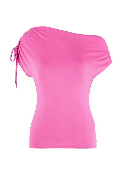 Trendyol Collection Fuchsia Regular/Normal Fit Asymmetric Collar Gathered Pre...