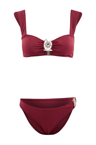 Trendyol Collection Burgunderrotes Premium-Bikini-Set mit Sonnenaccessoires T...