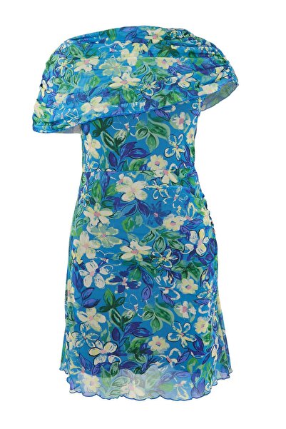 Trendyol Curve Blue Floral Pattern Tulle Knitted Plus Size Dress Tbbss26Ah00182