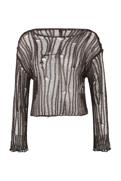 Trendyol Collection Brown Mercerized Cotton Special Yarn Knitwear Sweater Two...