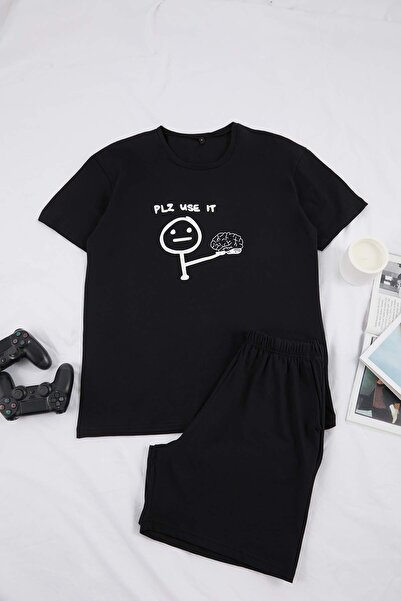 Trendyol Collection Μαύρο σετ πιτζάμες από βαμβάκι με στάμπα με διασκεδαστικά...