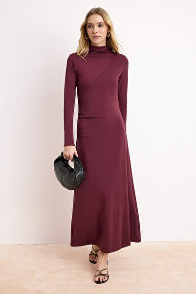 Trendyol Modest Plum Unlined Plain Knitted Ruched Detail Sandy Hijab Dress Tc...