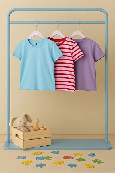 TRENDYOLKIDS تي شيرت محبوك سادة باللون الوردي والأزرق والأرجواني TKDSS25TS00023