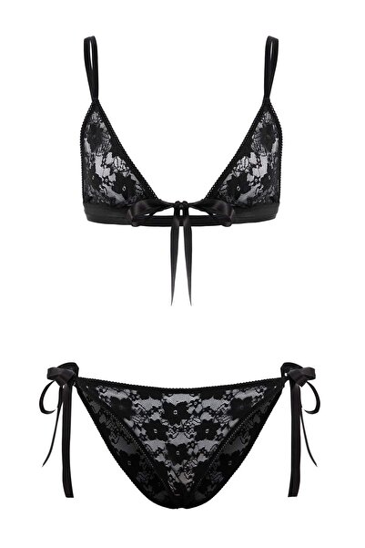 Trendyol Collection Schwarzes Spitzenunterwäsche-Set ohne Körbchen THMSS26CC0...