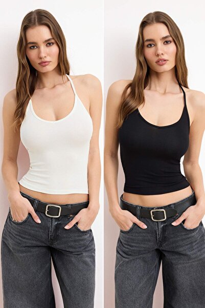 Trendyol Collection Чорно-бежевий регулярний безрукавний бавовняний трикотажн...