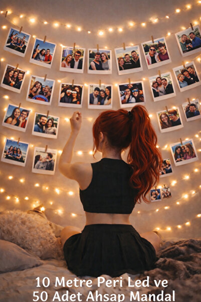 Parti dolabı 10 Metre Pilli Peri Led Işık 50 Adet Küçük Mandal Fotoğraf Asma ...