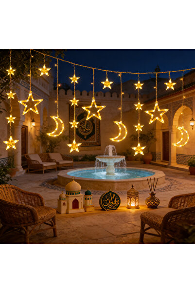 Yoawllty أضواء زينة رمضانية على شكل نجمة وقمر، مع جهاز تحكم عن بعد وعلبة بطار...