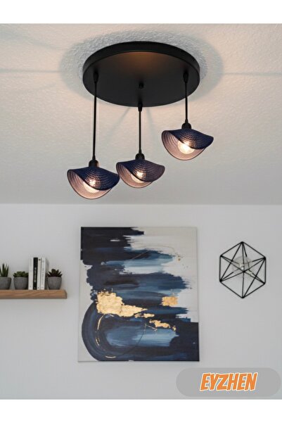 Eyzhen Bohem Şekil Verilebilir Lacivert 3’lü Avize Rustik Dekoratif Salon Mut...