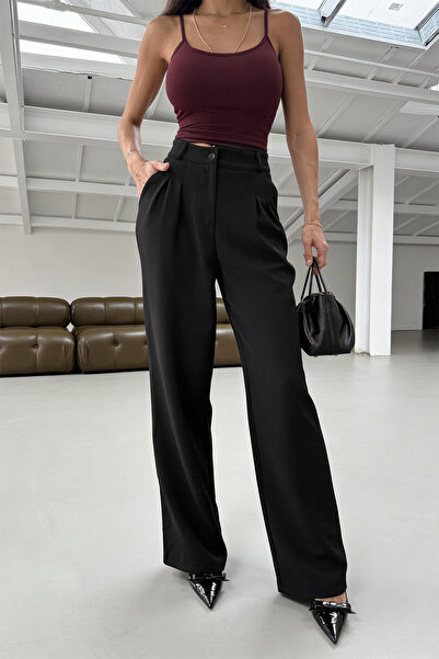 Hersteller بنطلون بالازو أسود واسع الساق وخصر عالي