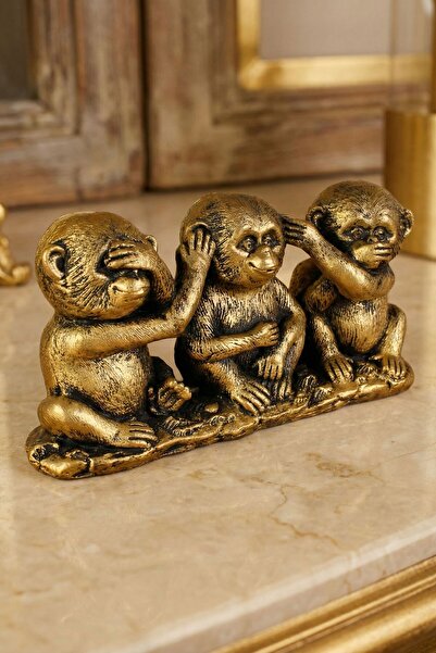 Rugad Biblo Dekoratif Heykel 3 Maymun Biblosu Altın Eskitme Renk Model 30