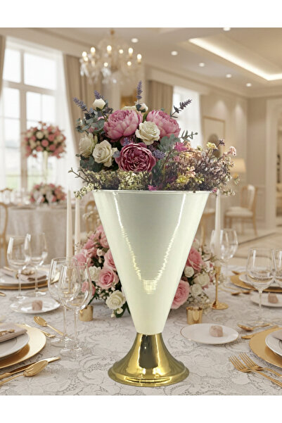 Decodelight Modern Dekoratif Konik Gold Ayaklı Beyaz Konik Büyük Salon Vazo M...