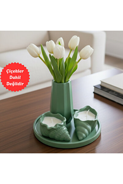 Nigistore 4 Parça Yeşil Set - Istiridye Mumlu, Vazolu, Yuvarlak Tepsili (ÇİÇE...