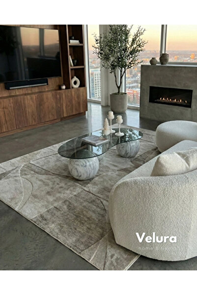 Velura Home & Living Top Sehpa & Küre Füme Cam Orta Sehpa - Beyaz Traverten M...
