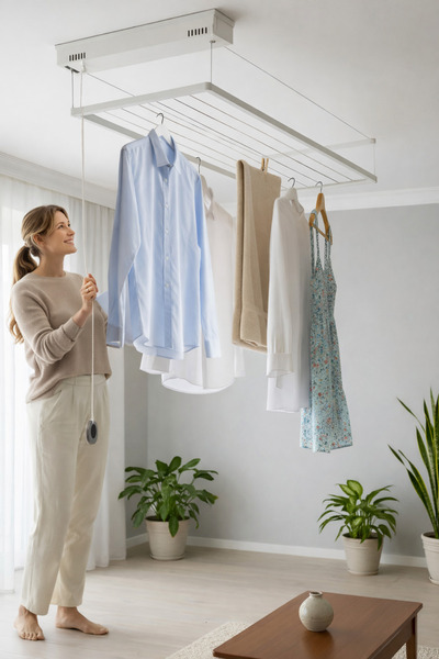 ASKUR Metal asansörlü çamaşır askısı 70x175cm, şık ve kullanışlı beyaz renkli...