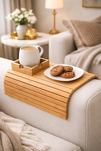 BEYZANA Bambu Koltuk Tepsisi Yan Sehpa – Orta Sabit Kolçak Üstü Amerikan Servis