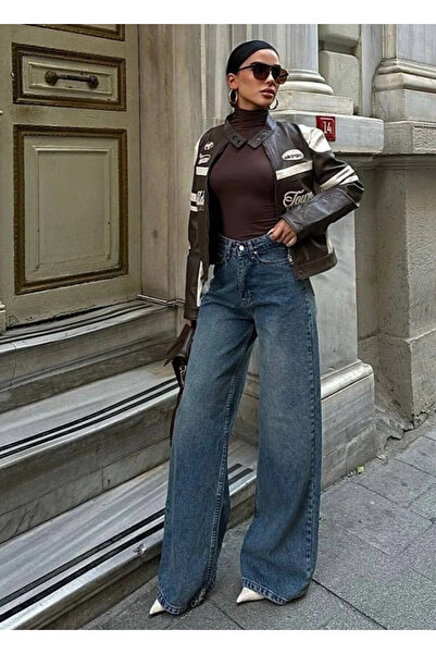 MADAME MELEK Pantaloni de damă din denim cu talie înaltă și picior larg