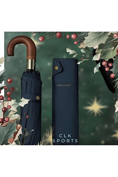 parachase Ahşap Baston Saplı Tam Otomatik Lacivert Şemsiye - Kılıflı