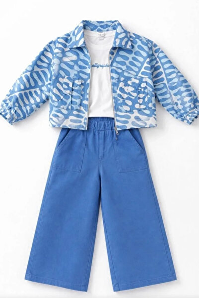 Kidmark Çocuk Modası Girl's Jacket, Patterned Wide-Leg Pants, 3-Piece Blue Set