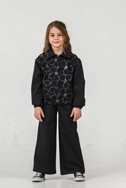 Kidmark Çocuk Modası Girl's Sequin Embroidered Jacket and Pants Black Set