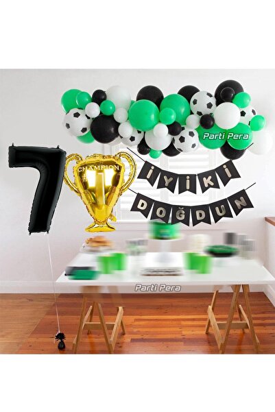 parti pera 7 Yaş Futbol Tema Konsept Balon Zinciri Seti Kupa Folyo Balon