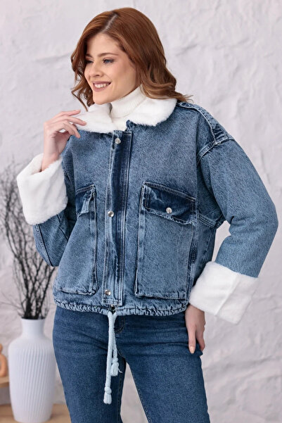 happinice Women's Plush Detailed Oversized Denim Jacket
