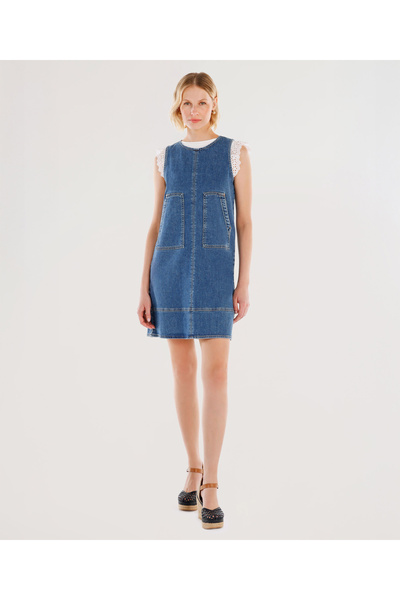 Yargıcı Cepli Kısa Denim Elbise