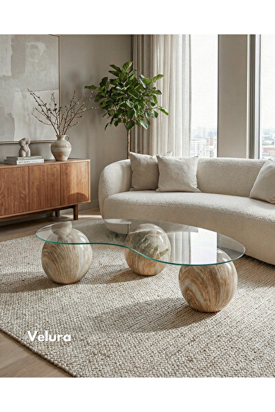 Velura Home & Living Bohem Top Sehpa & Fasülye Füme Cam Küre Orta Sehpa - Tra...