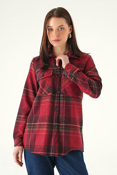 Rays 3126A Cămașă în carouri cu buzunare duble, roșu claret