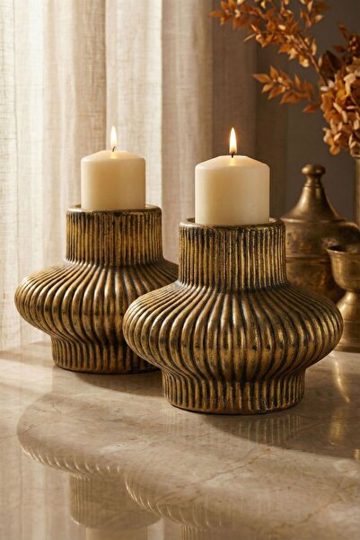 Fonnava Şamdan Mumluk Dekoratif Mumluk Tealight Mumluk Altın Eskitme Renk Mod...