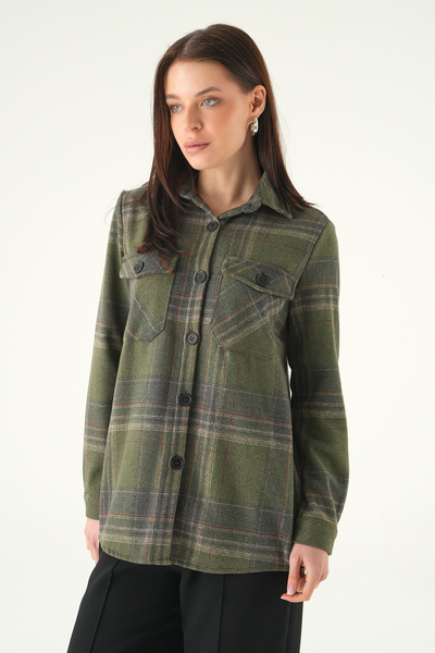 Rays 3126A قميص منقوش بجيبين مزدوجين كاكي