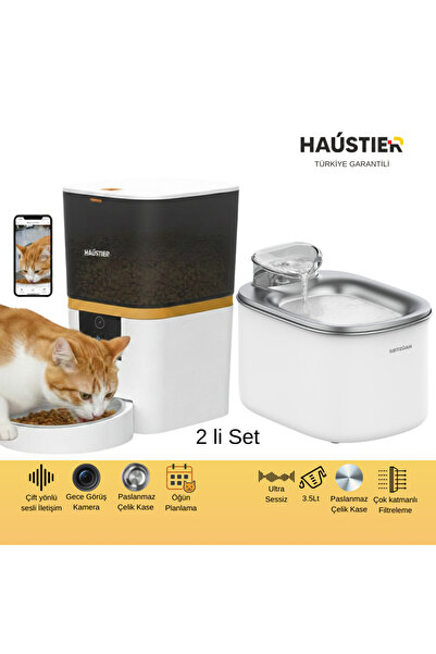 Haustier QQ005 BEYAZ Kameralı Akıllı Mama Kabı WF007L BEYAZ Kedi Su Pınarı 2 ...