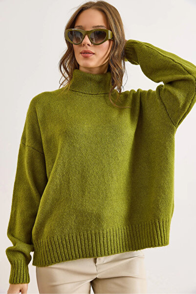 Olalook Pulover tricotat cu textura moale, verde ulei, pentru femei, KZK-1900...