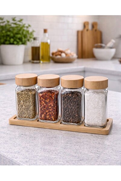 Tuğrahome Glass Spice Jar Set of 4 with Bamboo Stand |   Wooden Lid |   Kitch...