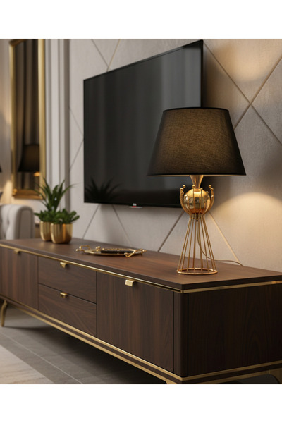 365GUNSERİSONU مصباح طاولة عاكس الضوء من القماش الأسود ذو الساق المعدنية المط...