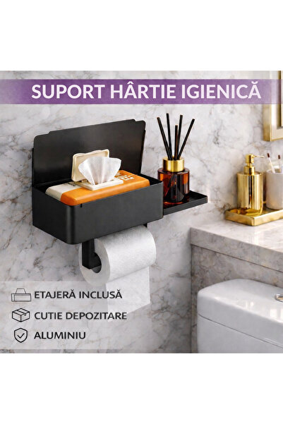 SMARTECH Suport pentru hartie igienica, cu etajera si cutie depozitare, Alumi...