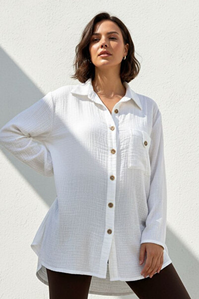 Curly White Single Pocket Muslin Shirt