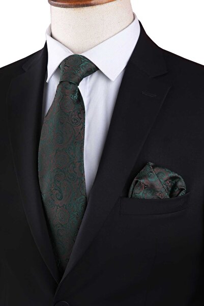 Kravatkolik Yeşil - Kahve Şal Desen Mendilli Klasik Kravat KK13302