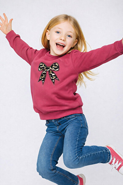 NOVERAM KİDS Girl's Leopard Patterned Bow Winter Sweatshirt