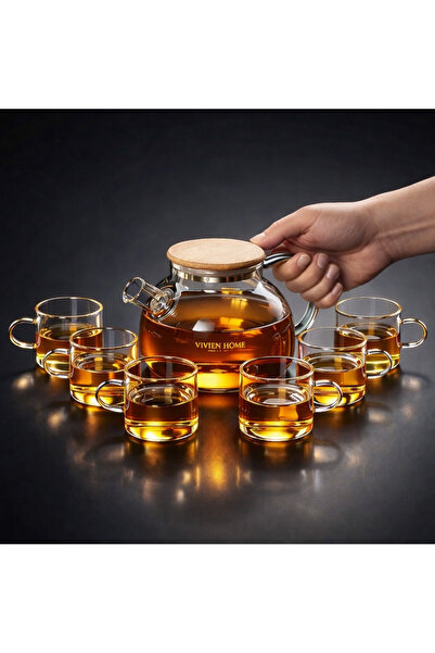 Vivien Home Isıya Dayanıklı 1000 ml Süzgeçli Cam Demlik 6adet Kupa Bardak Bor...