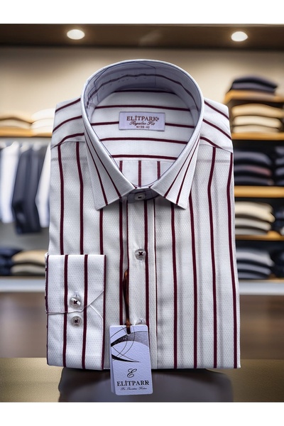 elitpark Pamuklu Bordo Çizgili Beyaz Erkek Gömlek