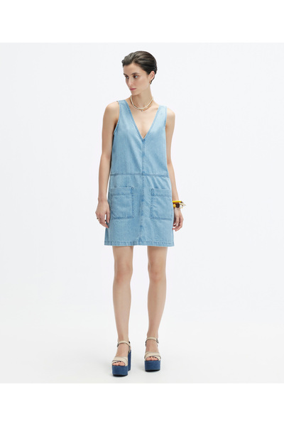Yargıcı V Yaka Kolsuz Denim Kısa Elbise