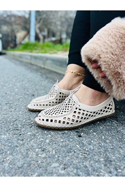 dabab shoes VIRENA Kadın Bej Hakiki Deri File Bağcıklı Düz Taban Yazlık Babet...