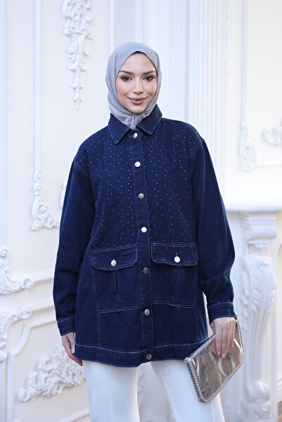 İmajButik Dark Blue Stone Embroidered Denim Jacket