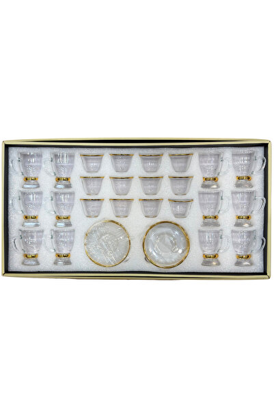 ALQANNAS Crystal tea glasses + coffee cups set, 36 pieces, gold trim