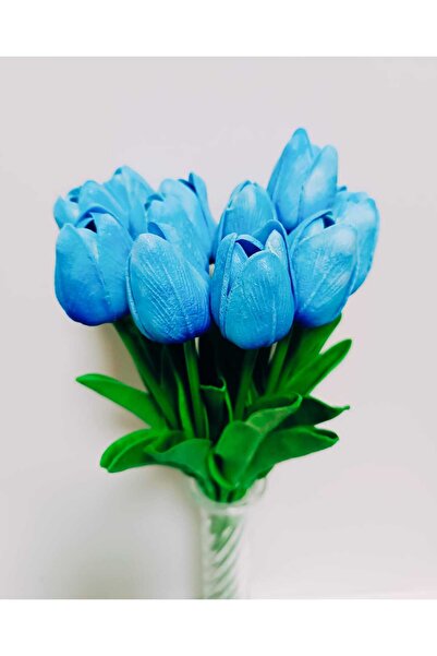 OSO HOME Artificial Luxury 5 Pcs Wet Tulip Bouquet Real Texture Blue Color 32 cm