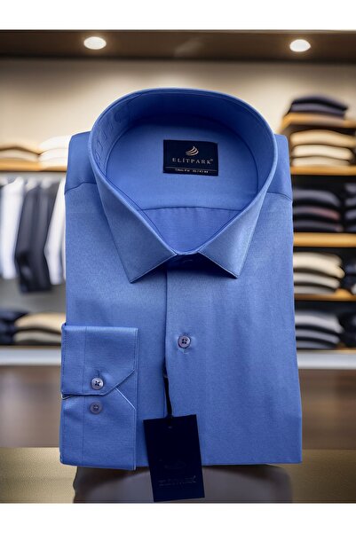 elitpark Mavi Düz Renk Pamuklu Erkek Gömlek