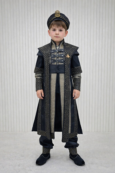 Rüyam Çocuk Giyim Siyah Fileli Zırhlı Kumaşlı Deri Kombinli Kaftan Sünnet Kıy...
