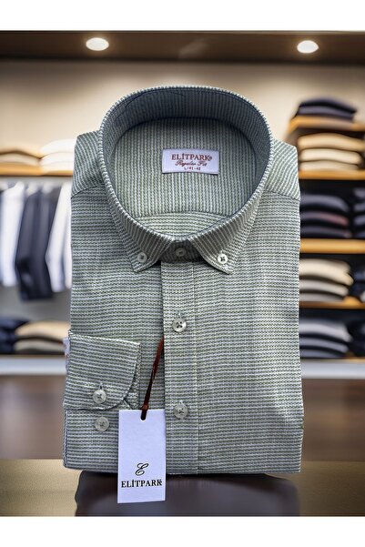 elitpark %100 Pamuk Haki Yeşili Erkek Gömlek