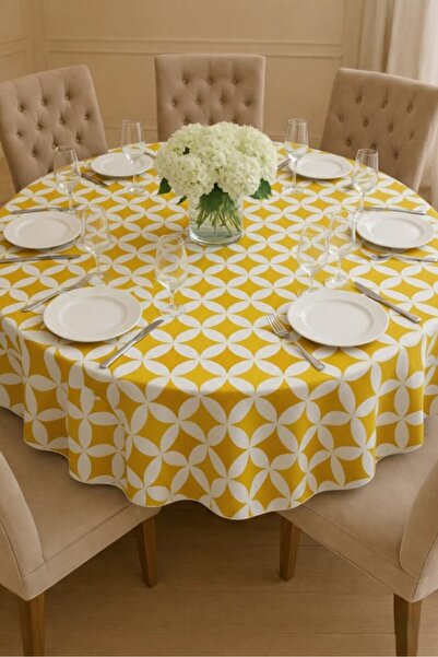 Rona Home Față de masă rotundă modernă, cu model geometric, galben și alb, de...
