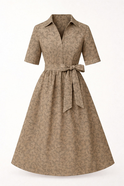 MERT ERKAN Kısa Kollu & Kuşaklı Midi Brokar Gömlek Elbise